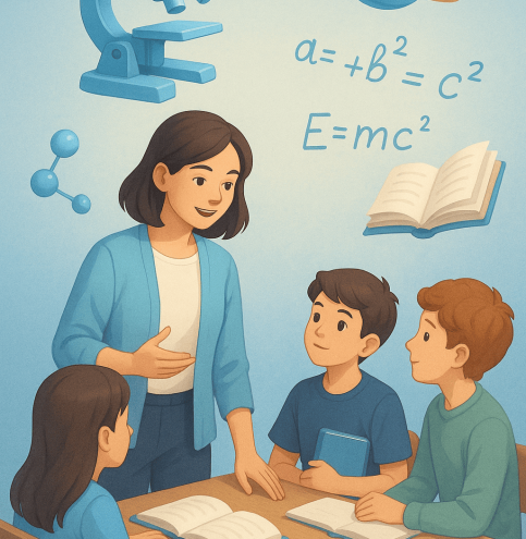 Profesora explicando varias materias